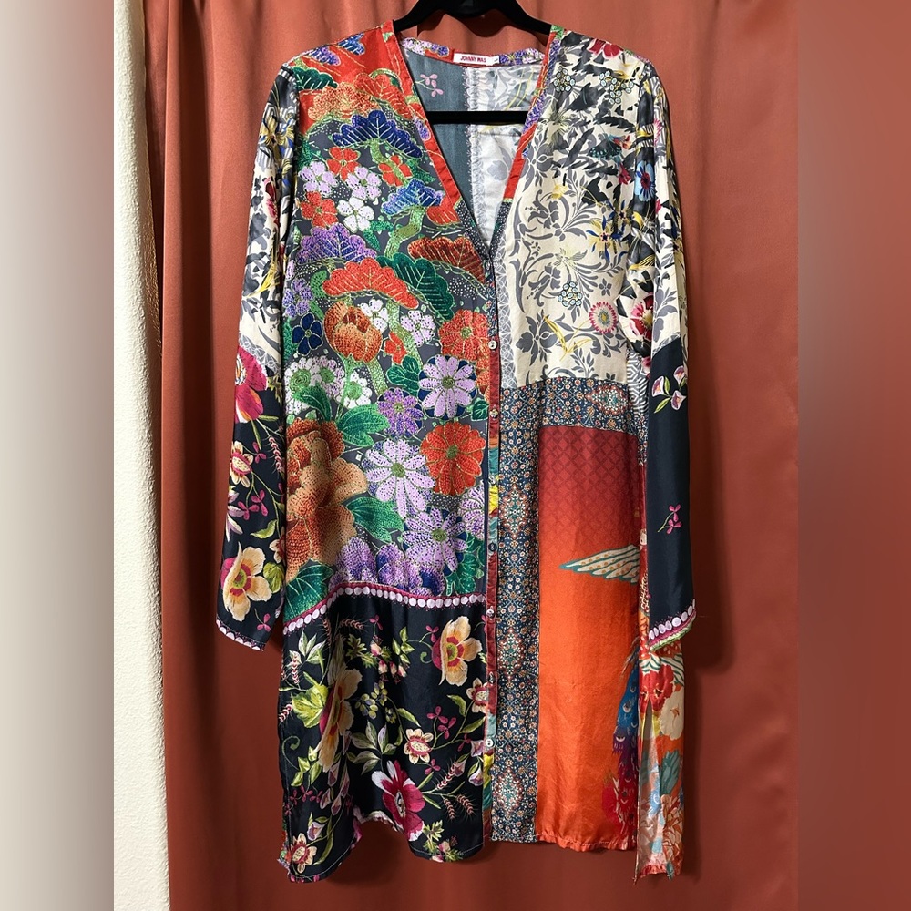 Johnny Was 100% Silk Patchwork Kimono Jacket W/Buttons Women’s Size L